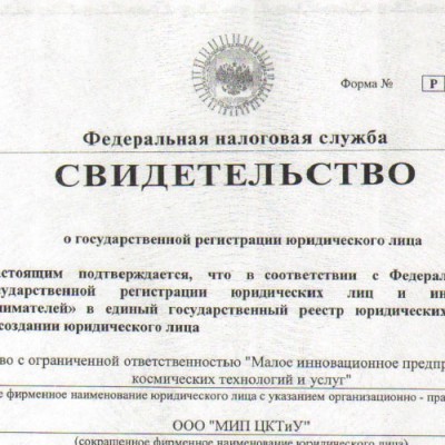 Свидетельство о государственной регистрации юридического лица ООО “МИП ЦКТиУ”